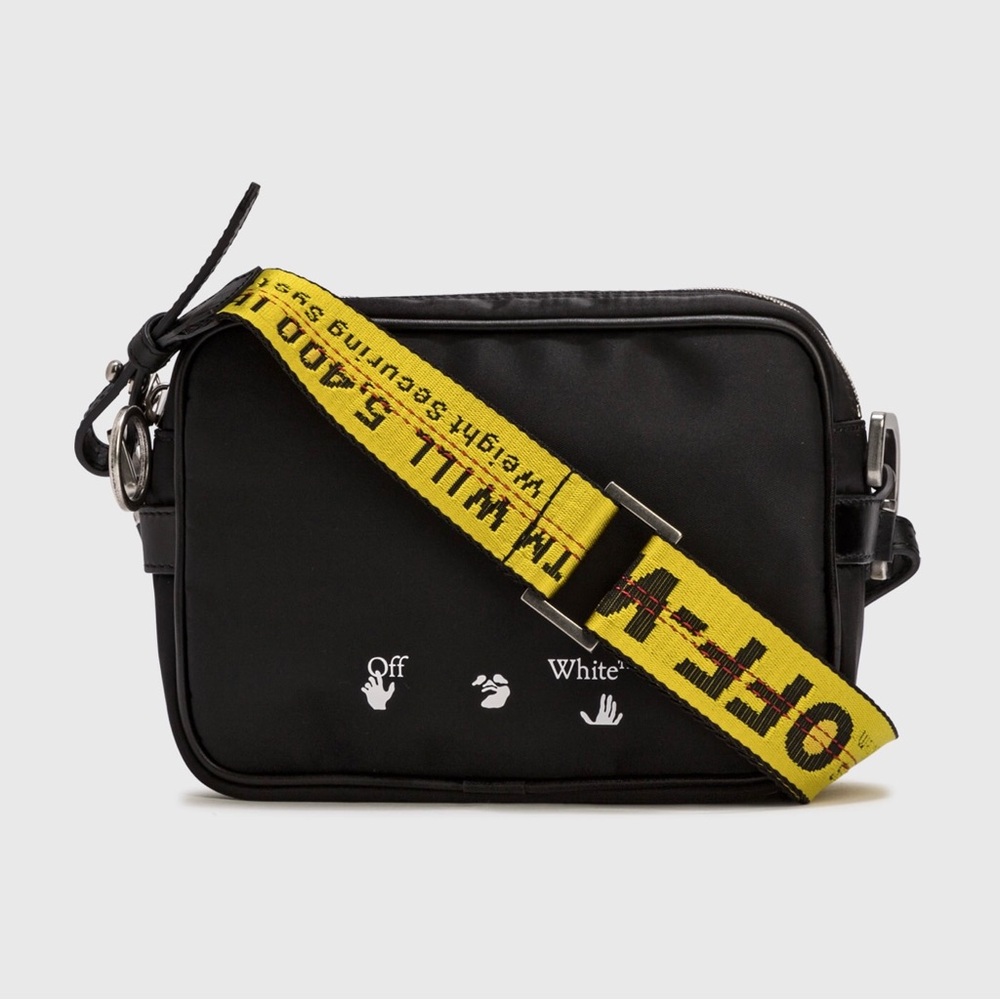 $625 NWOT Off-White Black Industrial Nylon Yellow Strap Crossbody Shoulder Bag